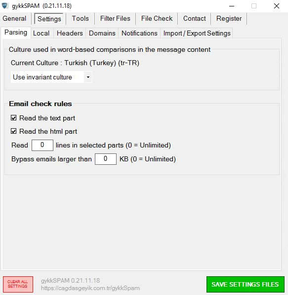 Parsing settings